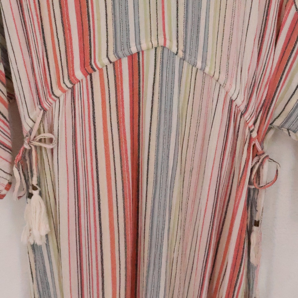 Boho Stripe Kaftan Midi Dress Womens Size L Drawstring Tassel Vacation Resort - Picture 10 of 12